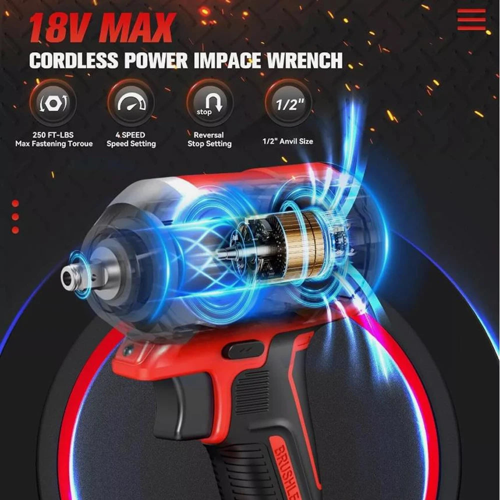 Brushless 1/2" (12.7 mm) Impact Wrench, 500 N·m (369 ft·lb) Cordless Electric Driver, 4-Gear, 18V Battery Compatible
