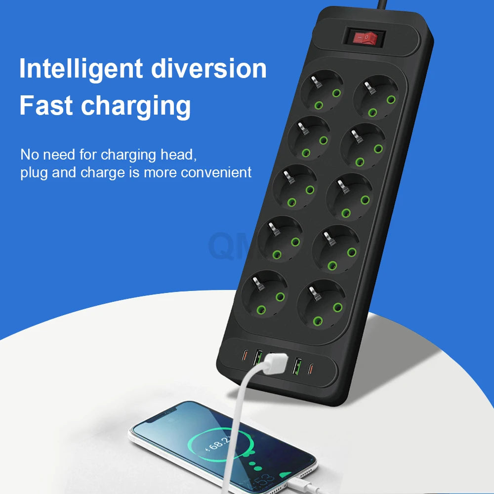 EU Power Strip 2500W — 10-Outlet Extension with Safety Master Switch, 6 USB Ports incl. USB-C, 2m (6.6 ft) Cord, EU Plug