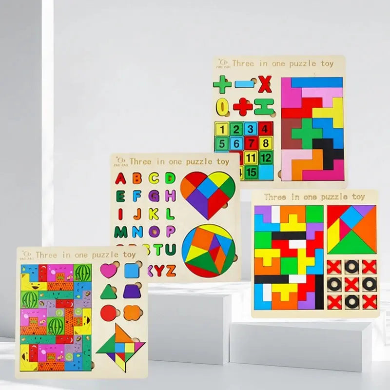 3-in-1 Wooden Educational Puzzle Board - Color Sorting, Math and Jigsaw Activity for Kids