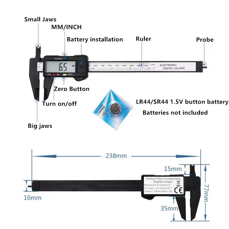 Digital Vernier Caliper 150mm & 100mm (6in/4in) LCD Electronic Measuring Gauge - Carbon Fiber Style