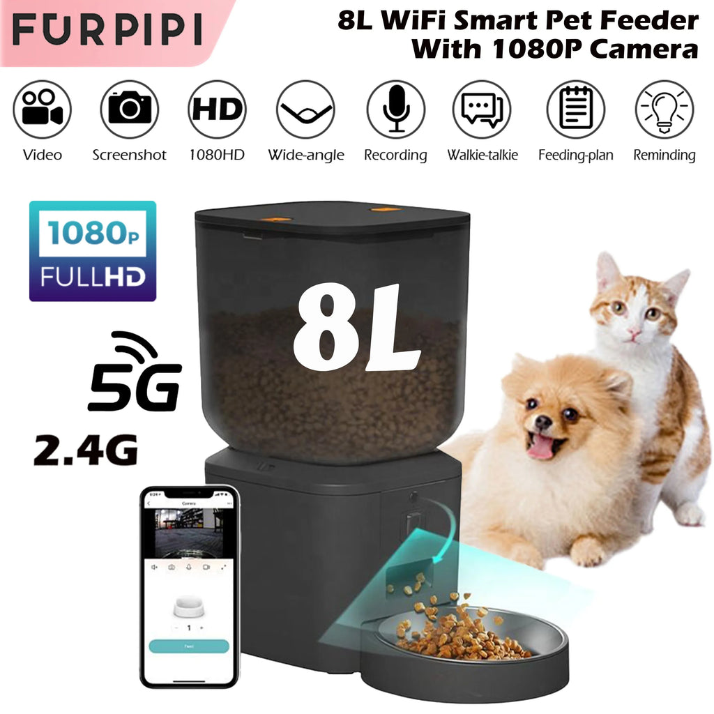 8L Automatic Pet Feeder with 1080P Camera, 2.4/5GHz WiFi, Stainless Steel Bowl, App Control & Voice Recorder