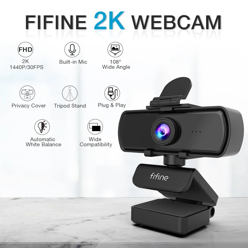 1440p HD USB Webcam with Microphone & Tripod Mount - 108° Wide-Angle, Plug-and-Play for Desktop & Laptop, Live Streaming & Video Calling