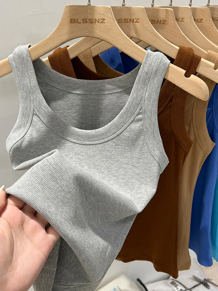 Women's Ribbed Round Neck Tank Top O-Neck Camisole Elastic Summer Basic Solid Tank