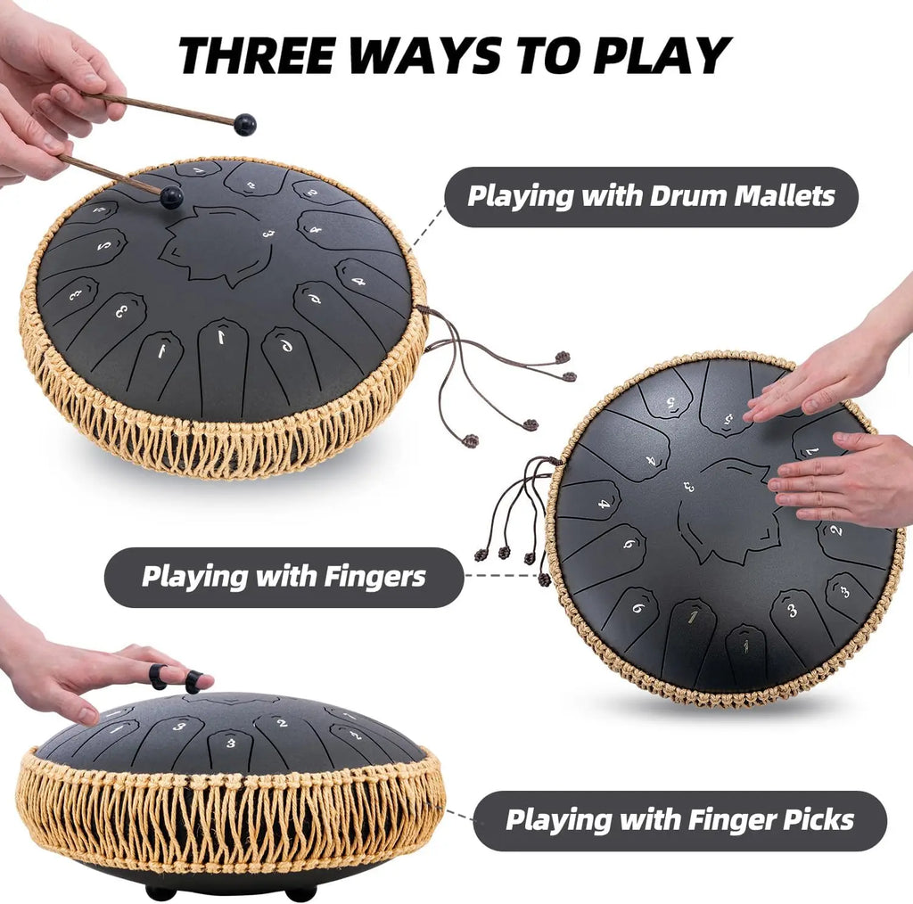 Steel Tongue Drum 13-Inch (32 cm) 15-Note C Scale Handpan-Style Percussion with Mallets & Carry Bag