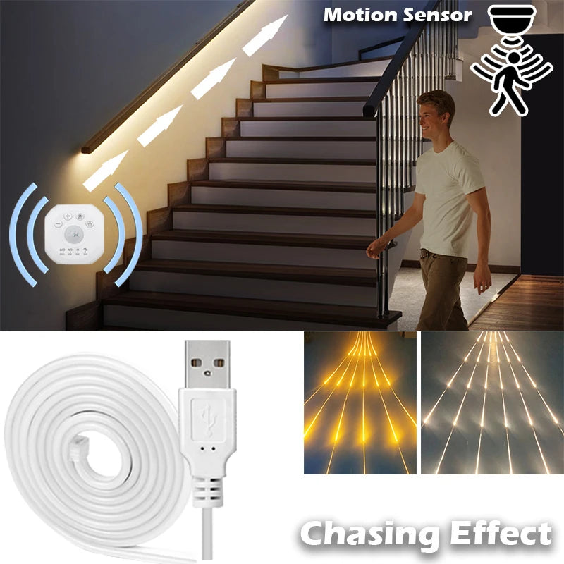 USB 5V Motion Sensor LED Strip Light – Chase Effect, 1–5 m (3.3–16.4 ft) Motion-Activated Under-Cabinet, Stair & Under-Bed Lighting