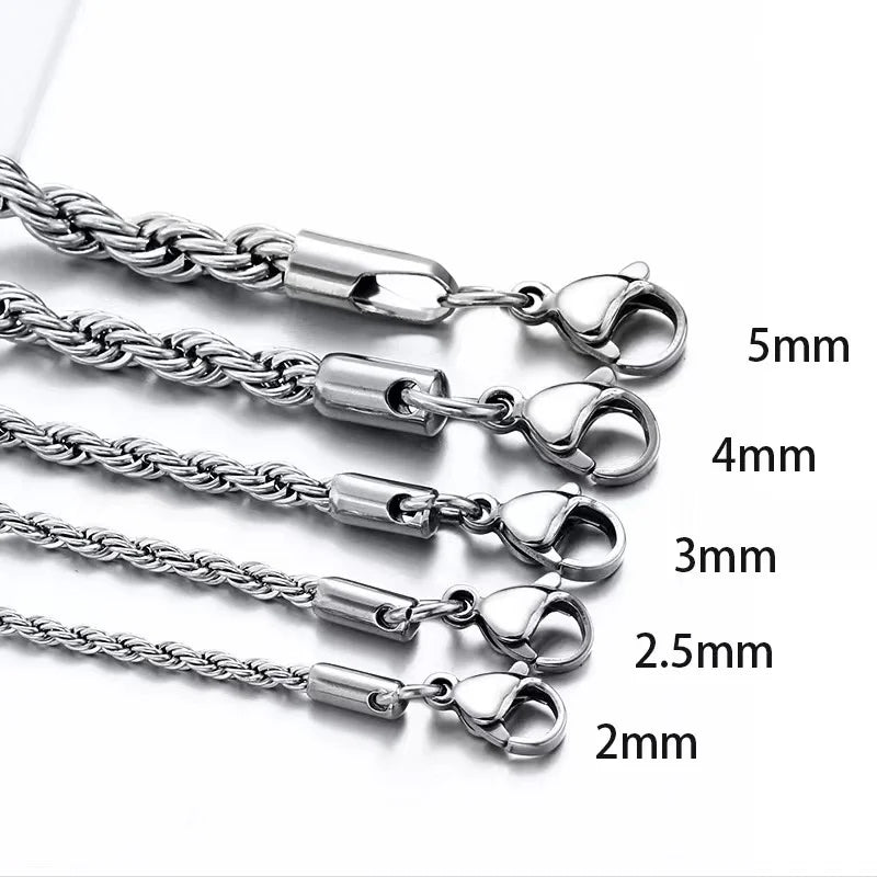 Silver Stainless Steel Rope Chain Necklace — Twisted Singapore Link for Men & Women, Widths 2mm/3mm/4mm/5mm (0.08–0.20 in)