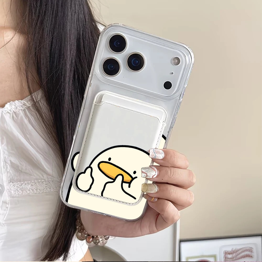 Cartoon Duck MagSafe-Compatible Clear Phone Case with Magnetic Leather Card Holder