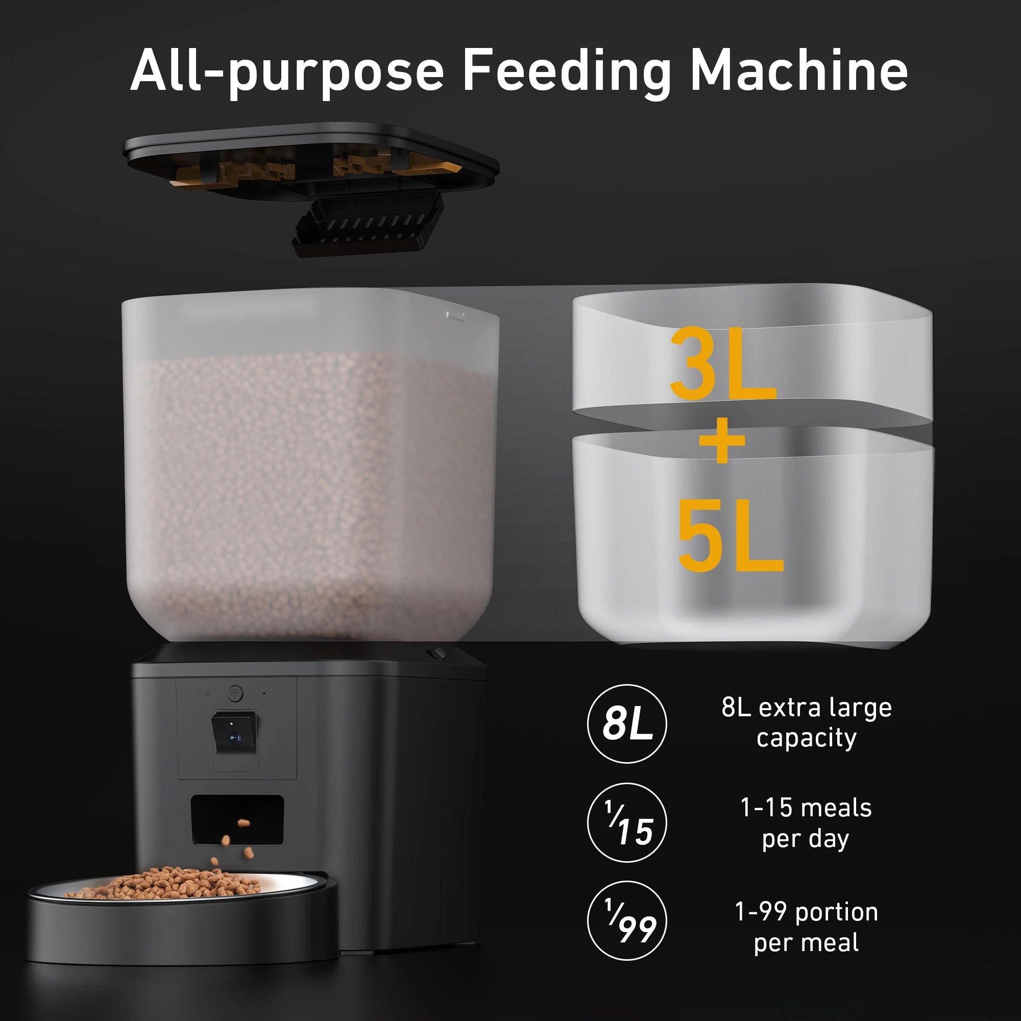 8L Automatic Pet Feeder with 1080P Camera, 2.4/5GHz WiFi, Stainless Steel Bowl, App Control & Voice Recorder