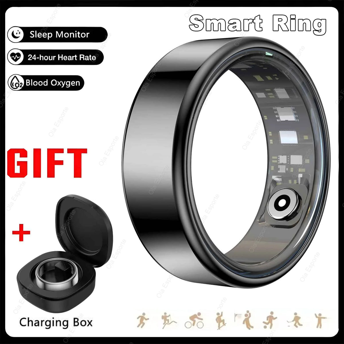 Smart Health Ring — Heart Rate, SpO2 & Skin Temperature Monitor, Sleep & Activity Tracker, 5ATM Waterproof, Bluetooth for Android & iOS — US Sizes 6–14 (16.5–22.3 mm / 0.65–0.88 in)