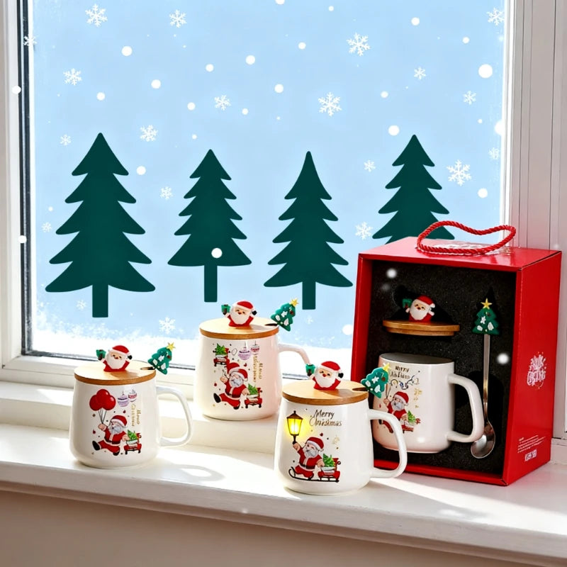Christmas Tree Ceramic Mug with Lid and Spoon, Holiday Coffee & Tea Gift