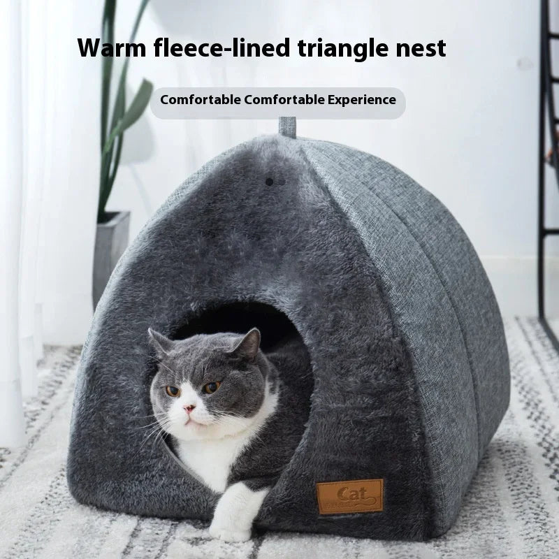 Triangle Closed Cat Bed - Plush Warm Thickened Cat Tent Nest for Cats & Small Dogs