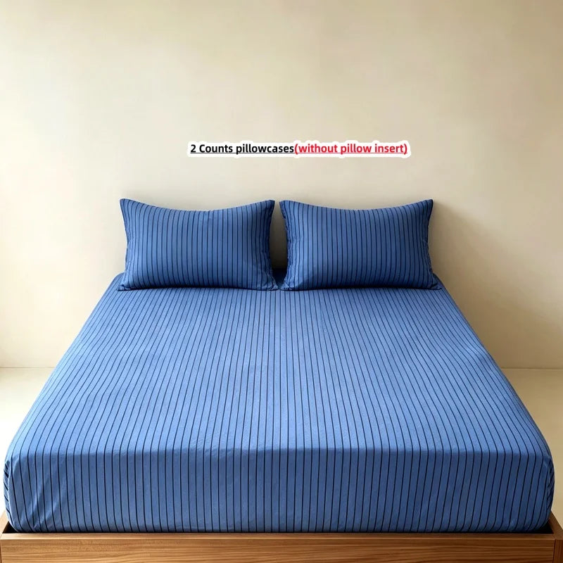 3-Piece Stripe Fitted Sheet Set – Elastic Anti-Slip Adjustable Mattress Cover with 2 Pillowcases, Fits 39–86.6 in (100–220 cm)