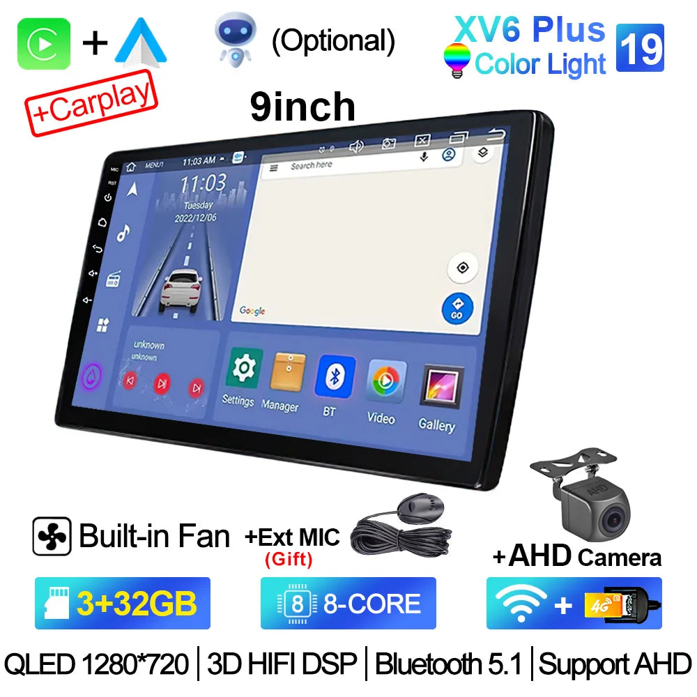 2-DIN Android Car Stereo - CarPlay & Android Auto, 7/9/10.1 inch (17.8/22.9/25.6 cm) QLED GPS, 8-Core CPU, DSP, WiFi & 4G, 6GB/128GB