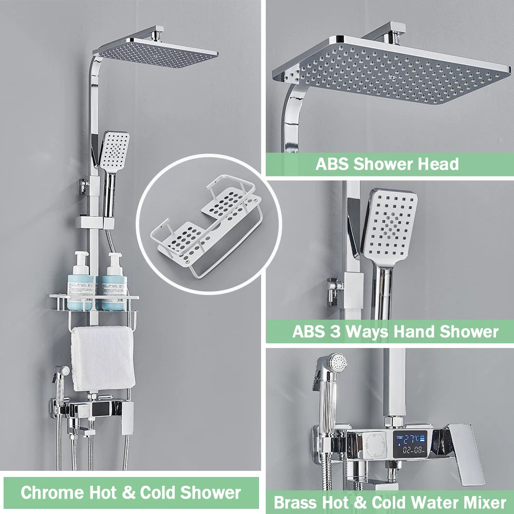 Black Digital Thermostatic Shower System 10-Inch (25.4 cm) Rainfall Head 4-Way Mixer with Digital Display, Slide Bar Shelf & Bidet Faucet