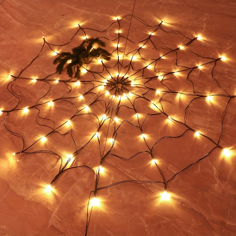 Giant LED Spider Web String Lights with Plush Spider – Luminous Halloween Window & Haunted House Decor