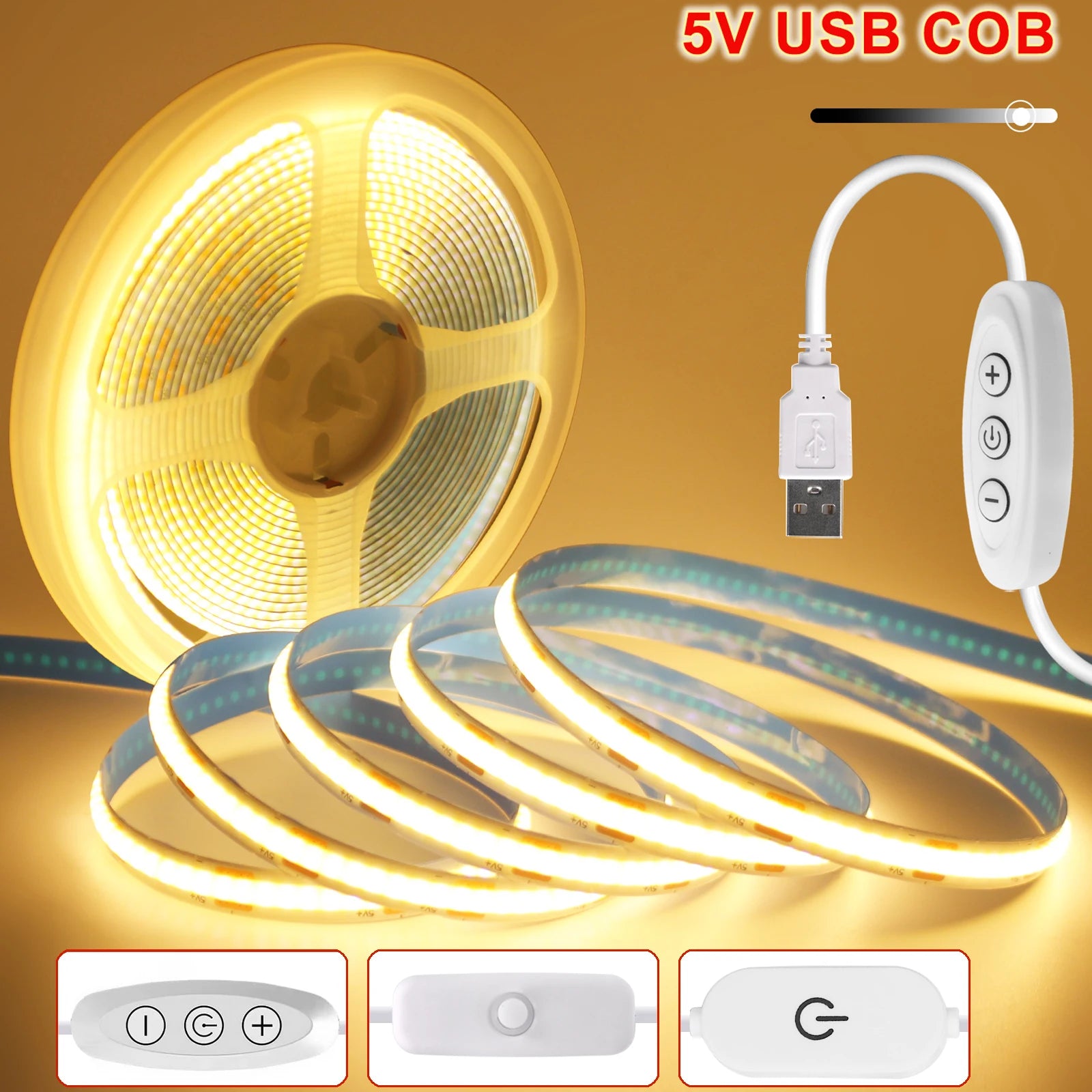 Dimmable COB LED Strip Light 5V USB with ON/OFF Switch — 320 LEDs/m High-Density Flexible Tape Light, Adhesive Backing, 3000K/4000K/6000K