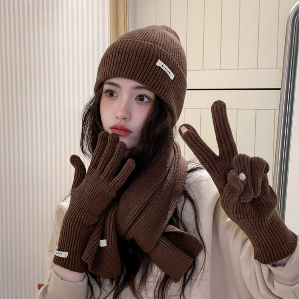 Women's 3-Piece Red Knit Cotton Hat, Scarf & Gloves Set — Thick Winter Beanie with Ear Protection, Warm Holiday Gift