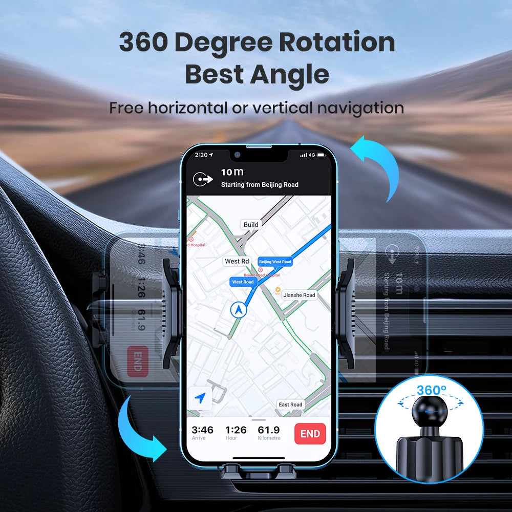 Universal Car Air Vent Phone Mount – Auto-Locking Hook Clip, 360° Rotating Holder for 4–6.7 in (10–17 cm) Smartphones