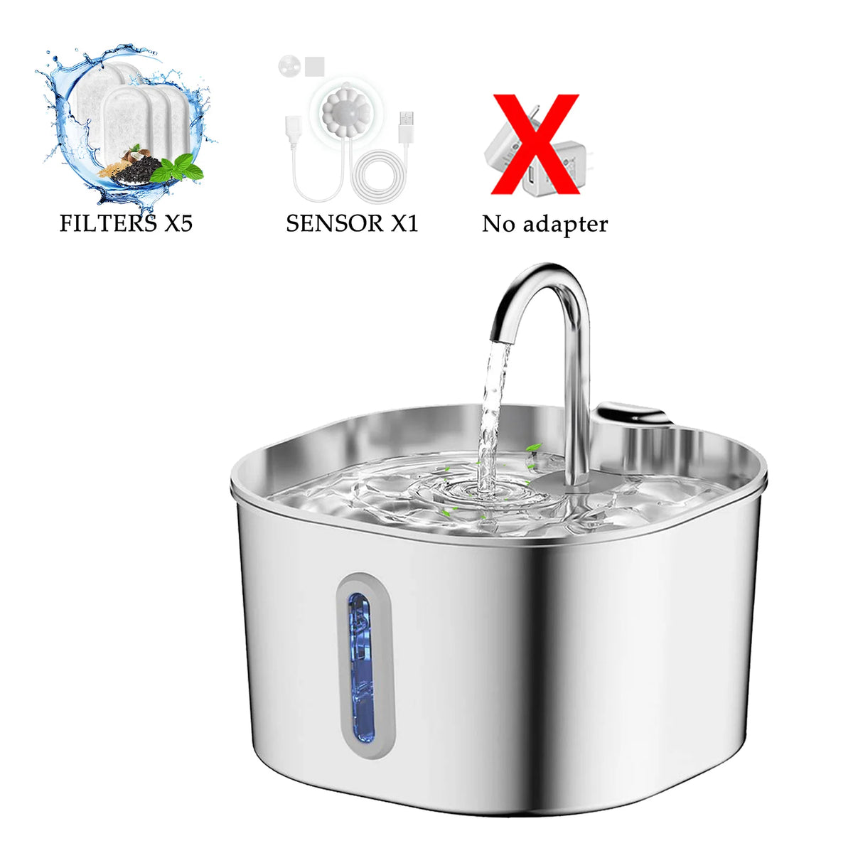 Stainless Steel Pet Water Fountain 2.2L (74.4 fl oz) Ultra-Quiet Pump with Filter, Water-Level Window & LED Light
