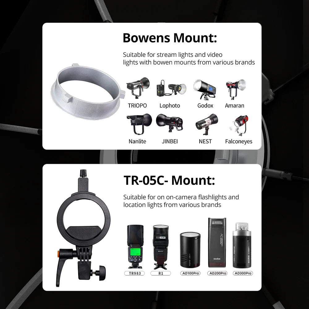 Quick-Setup Octagon Softbox with Bowens Mount — 55/65/90/120cm (21.7/25.6/35.4/47.2 in) for Studio LED Video Lights