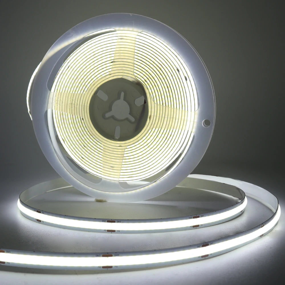 5V COB LED Strip Light with Motion Sensor – USB or 4×AAA Battery Powered, 320 LEDs/m, Cuttable, 0.5–5m (Warm to Cool White + RGB)
