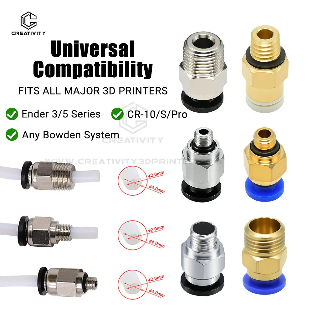 PTFE Tube Filament Feed Fittings for 3D Printers - 4mm Bore Pneumatic Couplers (M3, M5, M6 Thread Options)