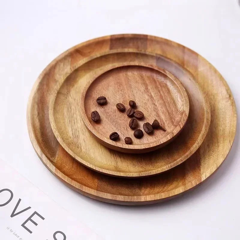 Acacia Wood Round Serving Platter Tray – 15/20/25 cm (6/7.9/9.8 in) Pizza Salad Dessert Plate