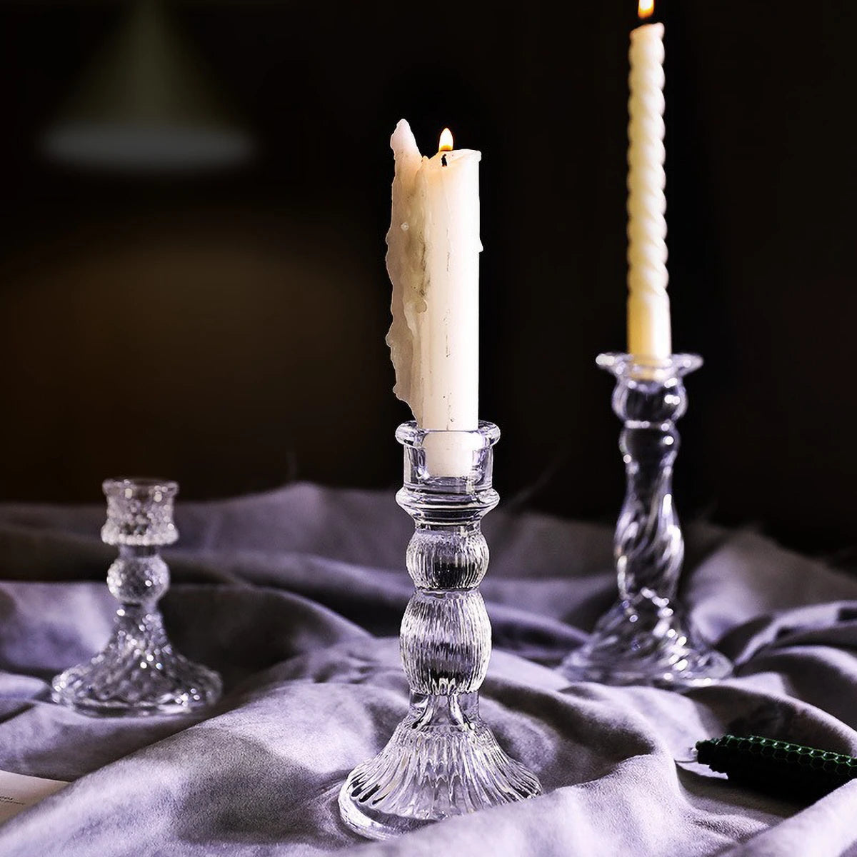 Clear Glass Pillar Candle Holder Table Candlestick for Dining Room Decor