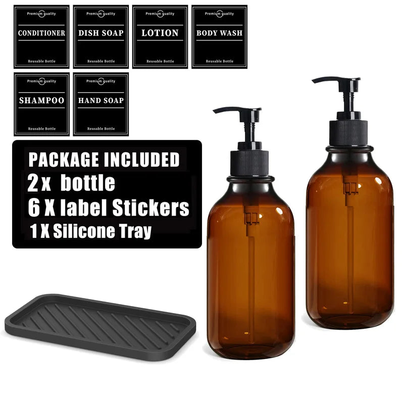 500ml (16.9 fl oz) Amber Refillable Pump Bottle Set with Black Label Stickers - Shampoo, Shower Gel & Liquid Soap Dispensers for Bathroom & Kitchen