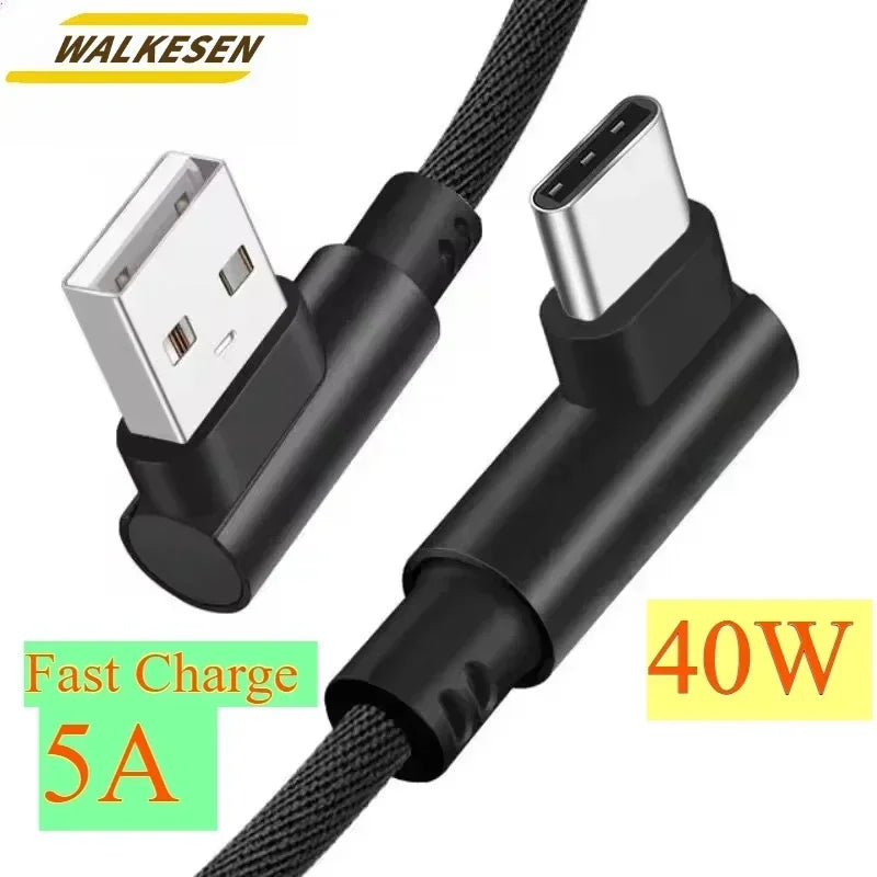 40W 5A USB-A to USB-C Fast Charging Braided Cable 90 Degree Elbow PD Quick Charge for iPhone Samsung Xiaomi Huawei