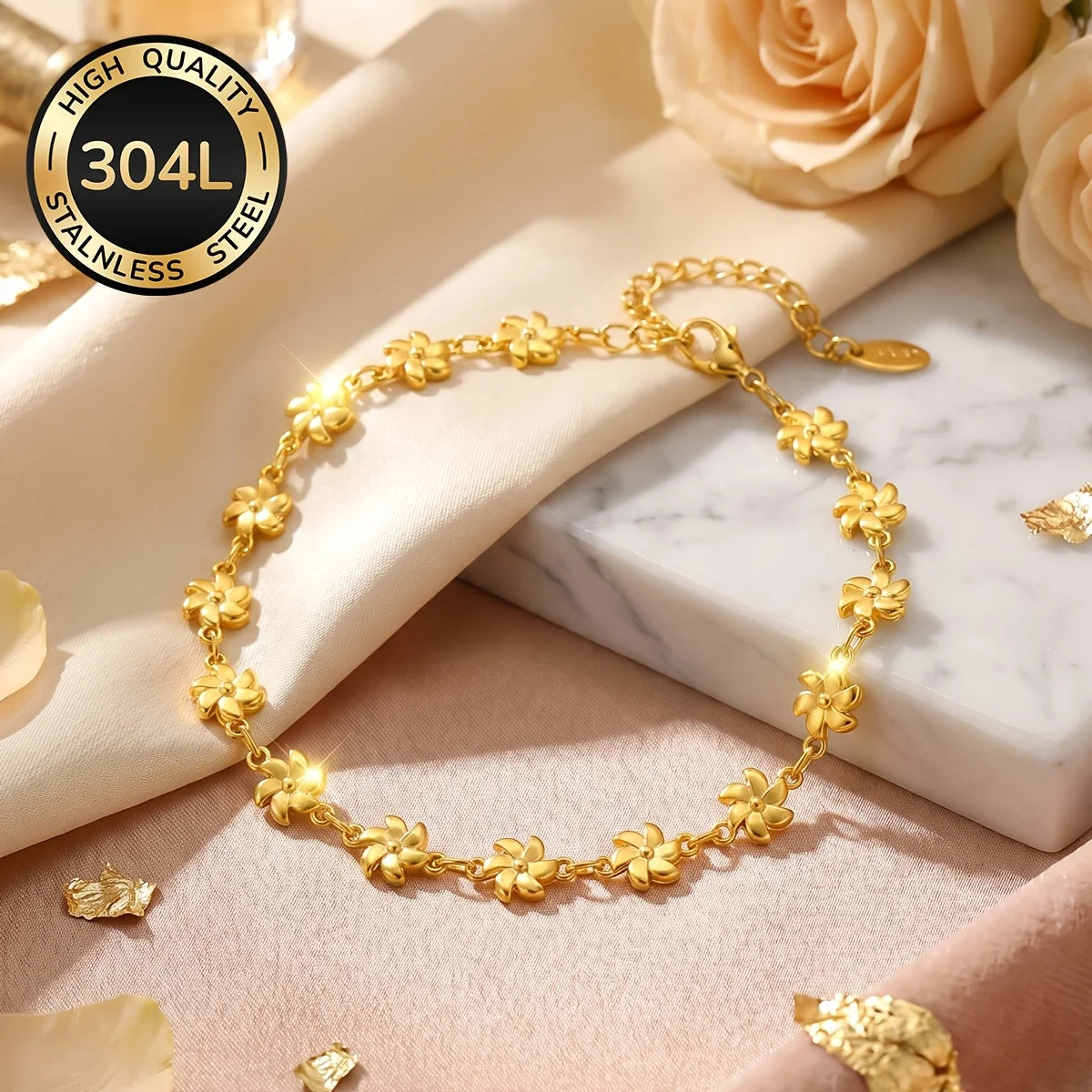 304L Stainless Steel 18K Gold-Plated Bracelet for Women, Geometric Link Chain with Lobster Clasp — Elegant All-Season Jewelry Gift