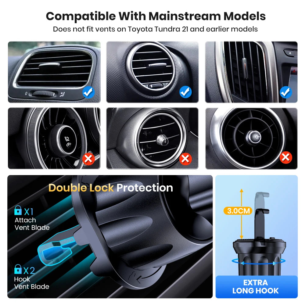 Universal Car Air Vent Phone Mount – Auto-Locking Hook Clip, 360° Rotating Holder for 4–6.7 in (10–17 cm) Smartphones