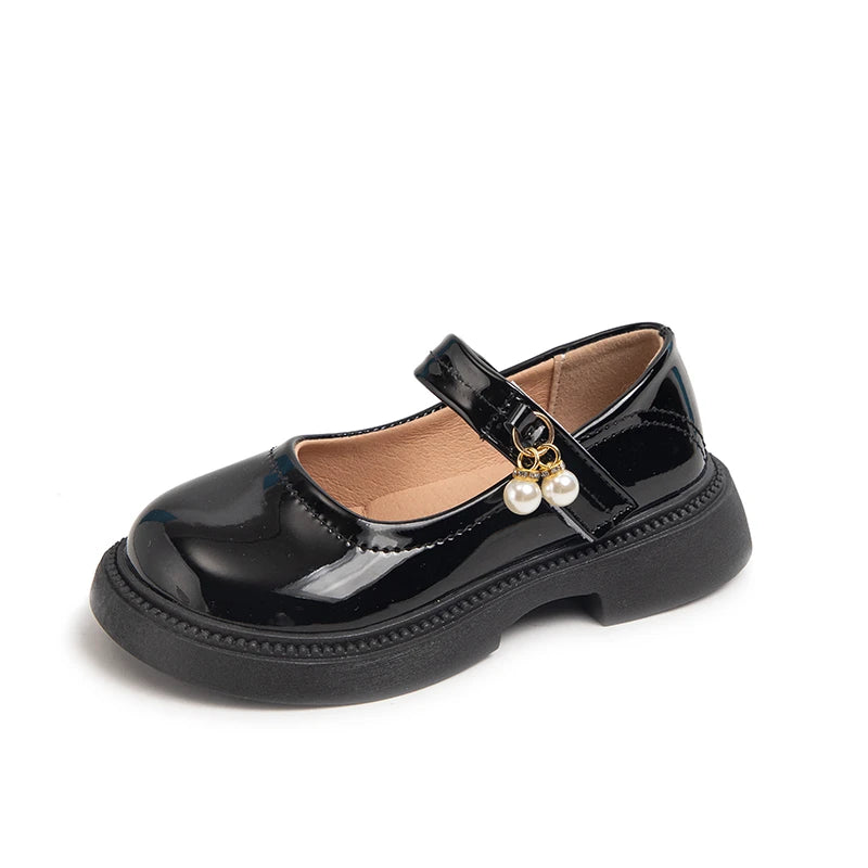 Girls PU Leather Mary Jane Flats with Pearl Pendant – Black Princess Dress Shoes, EU 26-36