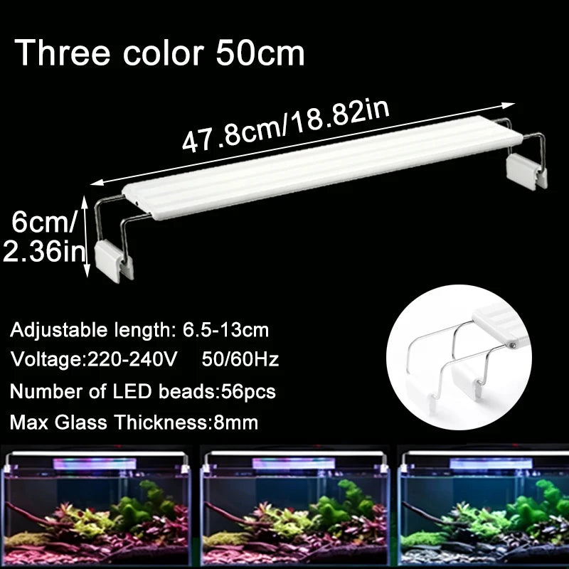 Adjustable 3-Color Full Spectrum LED Aquarium Light – Clip-On Telescopic Lamp for 18–75 cm (7–30 in) Fish Tanks
