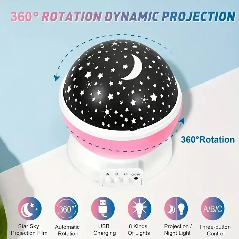 Starry Night Projector Lamp with Moon and Stars 360° Rotating LED Night Light 9 Color Modes USB or 3 AA Battery Powered