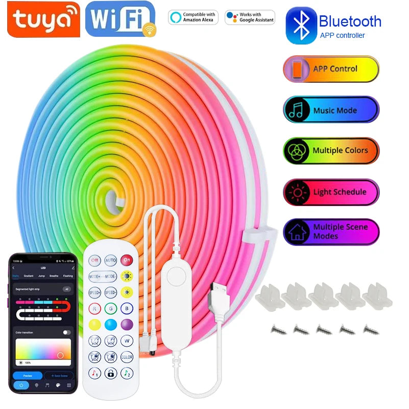 USB 5V RGB LED Neon Strip Light 1m/2m/3m/5m (3.3/6.6/9.8/16.4 ft) WiFi & Bluetooth Smart Strip Tuya Smart Life Alexa Compatible