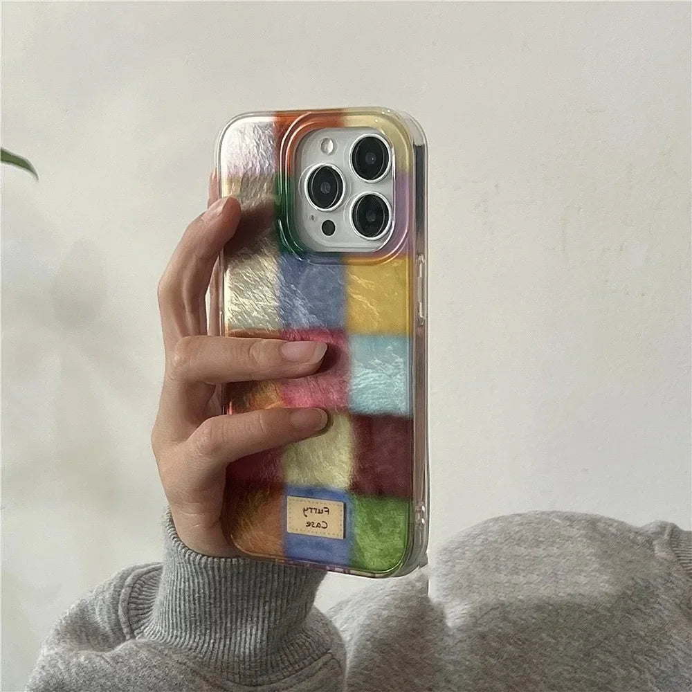 Dopamine Colorblock Plaid Full-Coverage Shockproof Phone Case – Patterned Protective Cover
