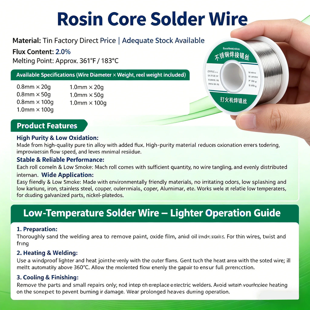 Rosin Core Tin Solder Wire 0.8mm & 1.0mm 20g/50g/100g (0.71-3.53 oz) No-Clean Flux 2%