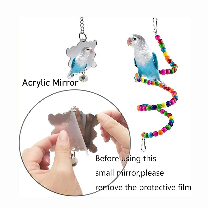 7-Piece Wooden Parrot Toy Set - Bird Cage Accessories: Swing, Ladder, Bridge and Bells