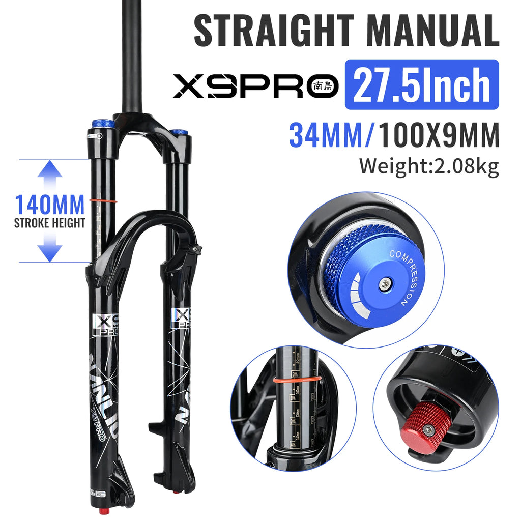 34mm MTB Suspension Fork for 26/27.5/29 in Wheels, Oil & Air Damping, 140/160mm (5.5/6.3 in) Travel with Metal Bushings