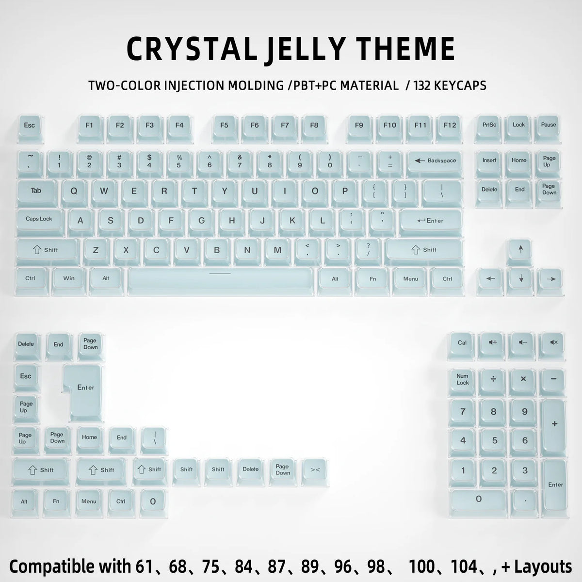 Crystal Jelly Keycap Set — Korean & English Side/Front Printed for Mechanical Keyboards | Pink, White & Blue — Fits 60%, 75%, 80%, 100% and Common Layouts