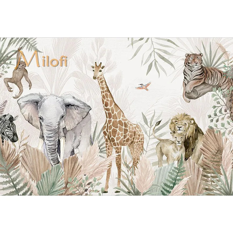 Custom Watercolor Jungle Animal Peel-and-Stick Wall Mural - Giraffe Elephant Zebra Nursery & Kids Wallpaper