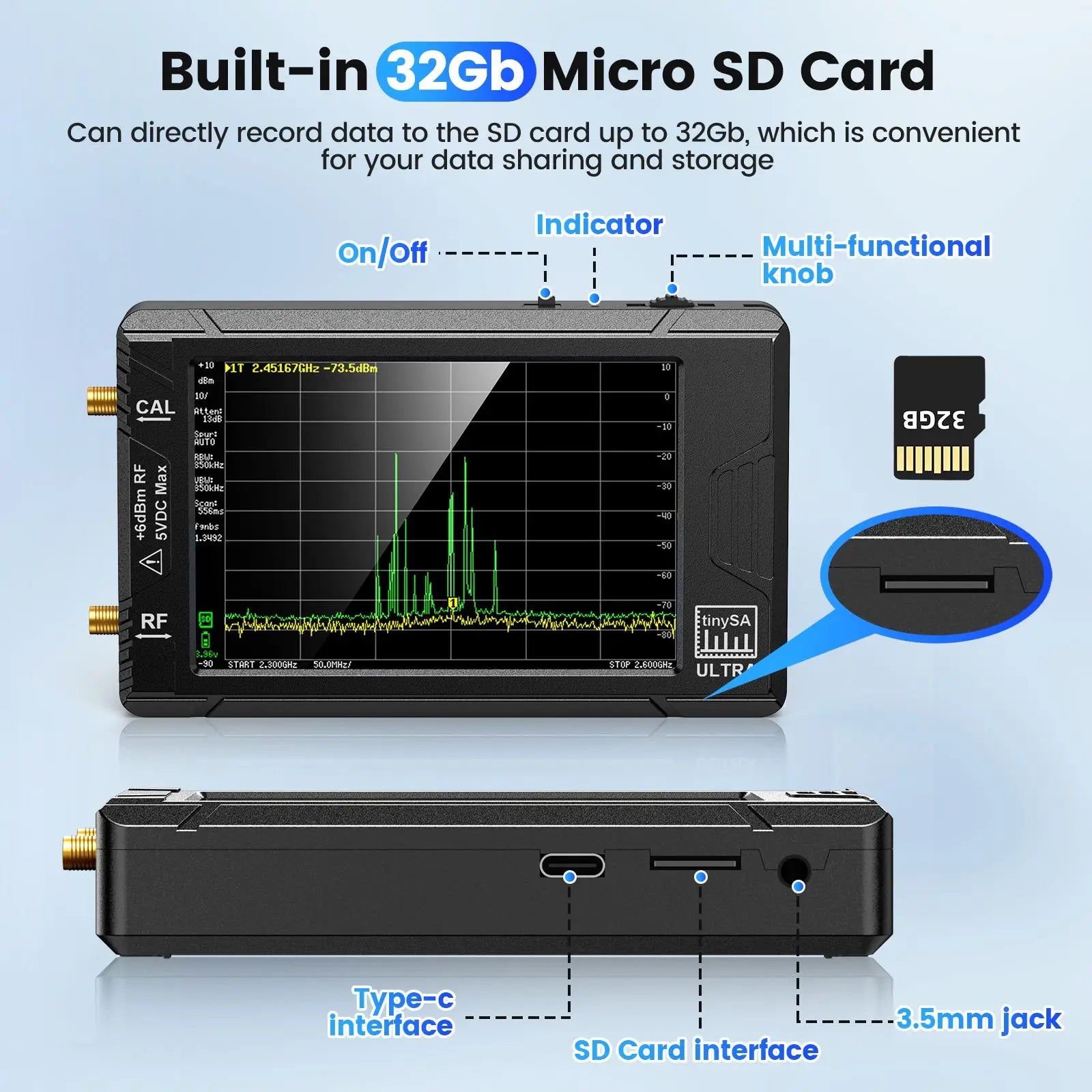 Handheld Spectrum Analyzer 4-inch (10.2 cm) Display 100 kHz–5.3 GHz with 32GB microSD, SMA Antenna & Network LAN Tester