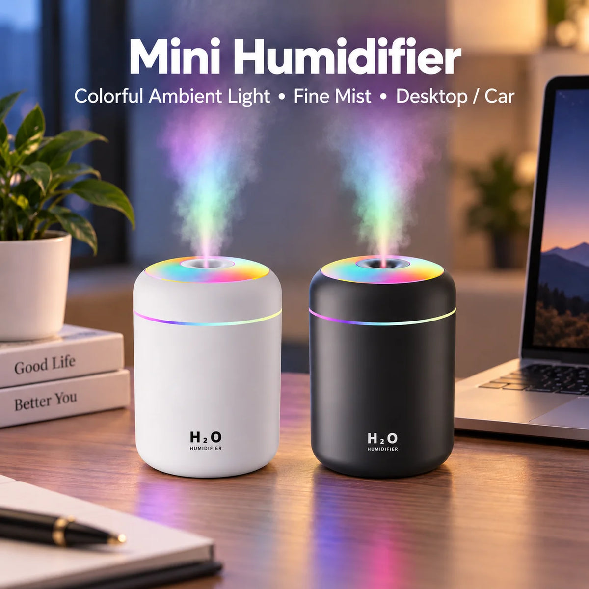 Mini USB Humidifier and Aroma Diffuser - Ultrasonic Cool Mist Portable with LED Light for Home, Bedroom, Car, Office, Desktop