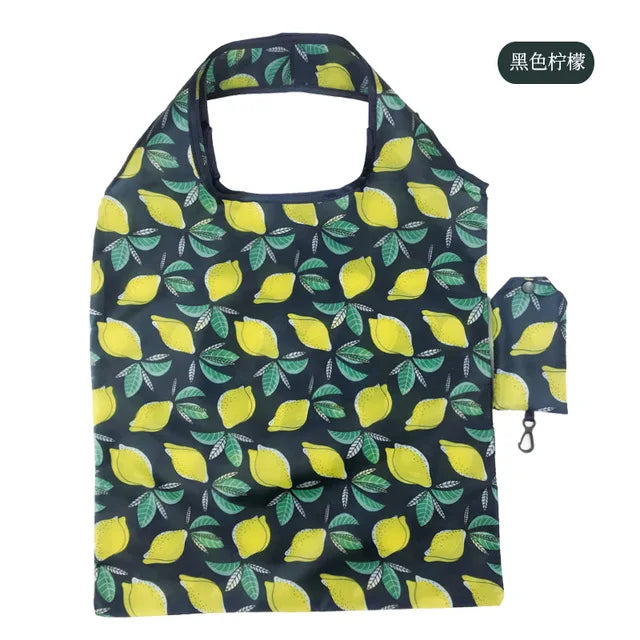 Foldable Reusable Grocery Tote Bag, Lemon Print Eco-Friendly Travel & Beach Pouch