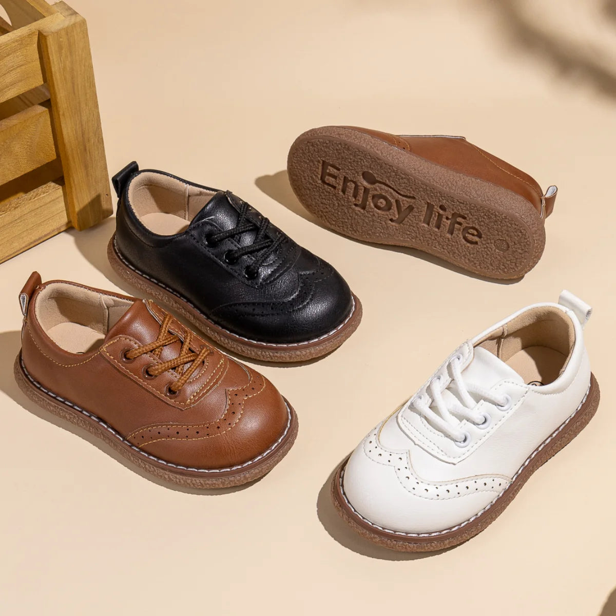 Kids Retro Leather Lace-Up Shoes – Breathable Anti-Slip Rubber Sole Flats (Ages 3–12)