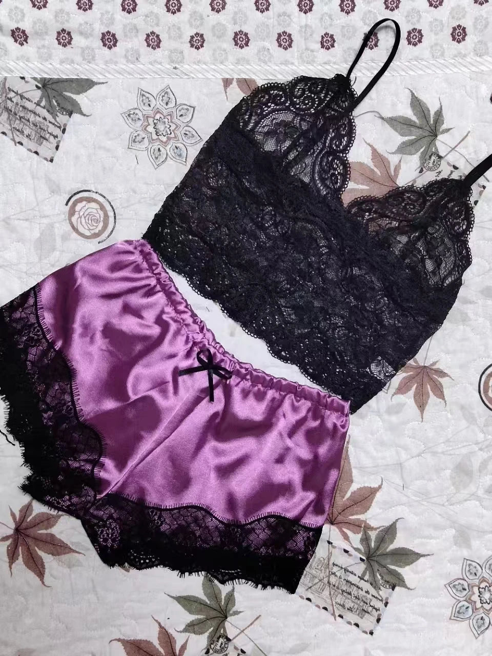 2-Piece Women's Lace Sheer Pajama Set - Breathable Suspender Camisole and Shorts, Black and Pink