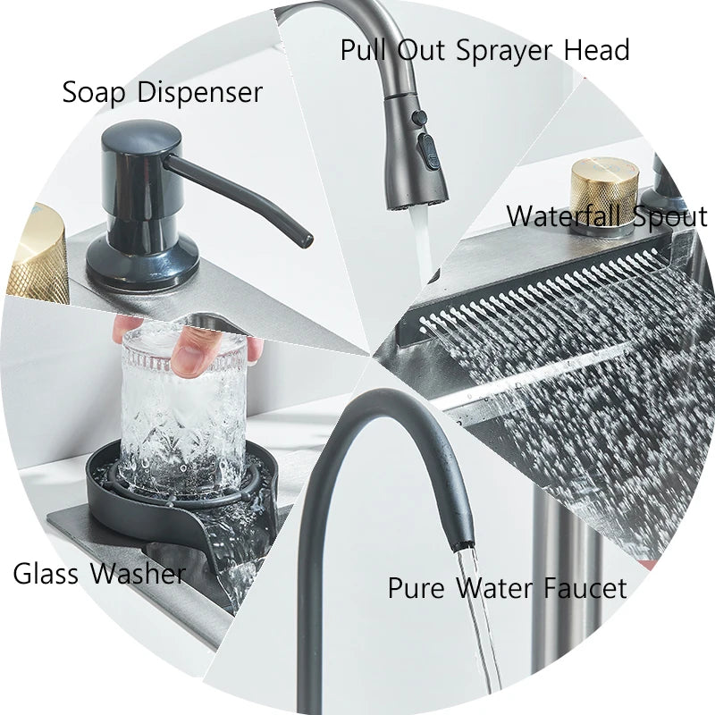 304 Stainless Steel 60 x 45 cm (23.6 x 17.7 in) Single Bowl Kitchen Sink with Waterfall Faucet Set, Soap Dispenser & Filter