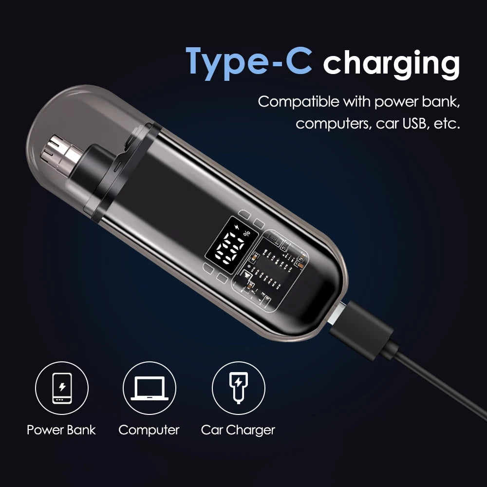 Portable USB-C Rechargeable Nose & Ear Hair Trimmer, 360° Safety Blade, Detachable Washable Head