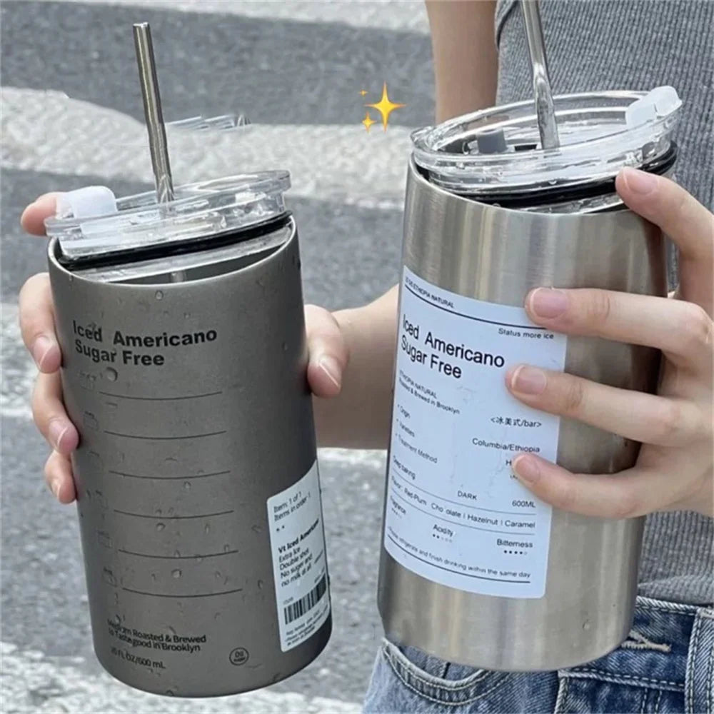 Portable 600ml (20 oz) 304 Stainless Steel Vacuum Thermos with Straw - Insulated Leak-Proof Travel Coffee Mug